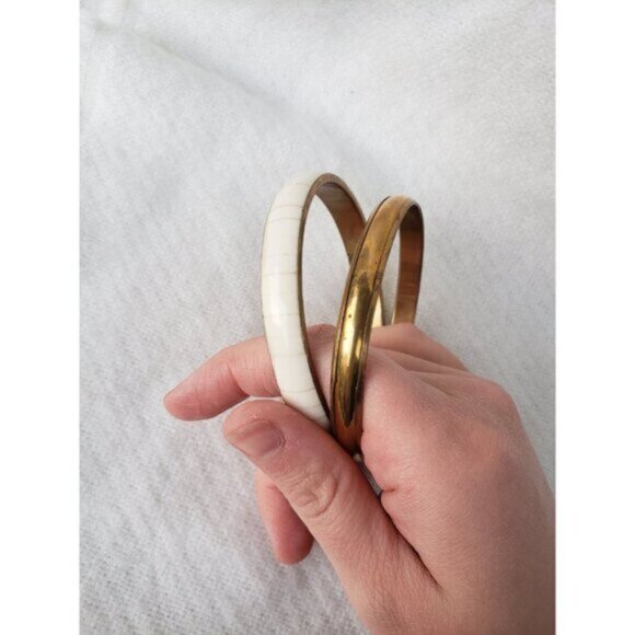 Brass w Bone Inlay Stackable Layering Bangle Bracelet Vintage - Picture 6 of 7
